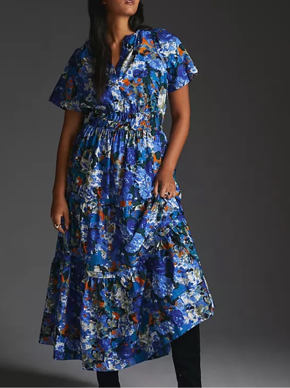Anthropologie The Somerset Blue Floral Tiered Maxi Dress